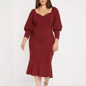 Eloquii Fluted Dress Size 20 Burgundy Long Sleeve Stretch Formal Dressy Midi